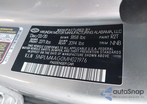 2021 Hyundai Elantra Sel z USA, uszkodzony, nr VIN 5NPLM4AG0MH021976